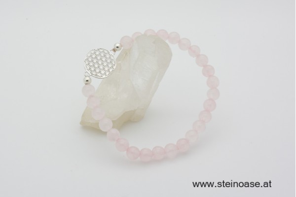 Armband Rosenquarz + Blume d.Lebens, Silber, 6mm